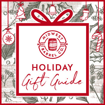 holiday themed graphics, including ornaments, bells, candy canes and wreath greenery with Midwest Barrel Co. circle logo and text Holiday Gift Guide