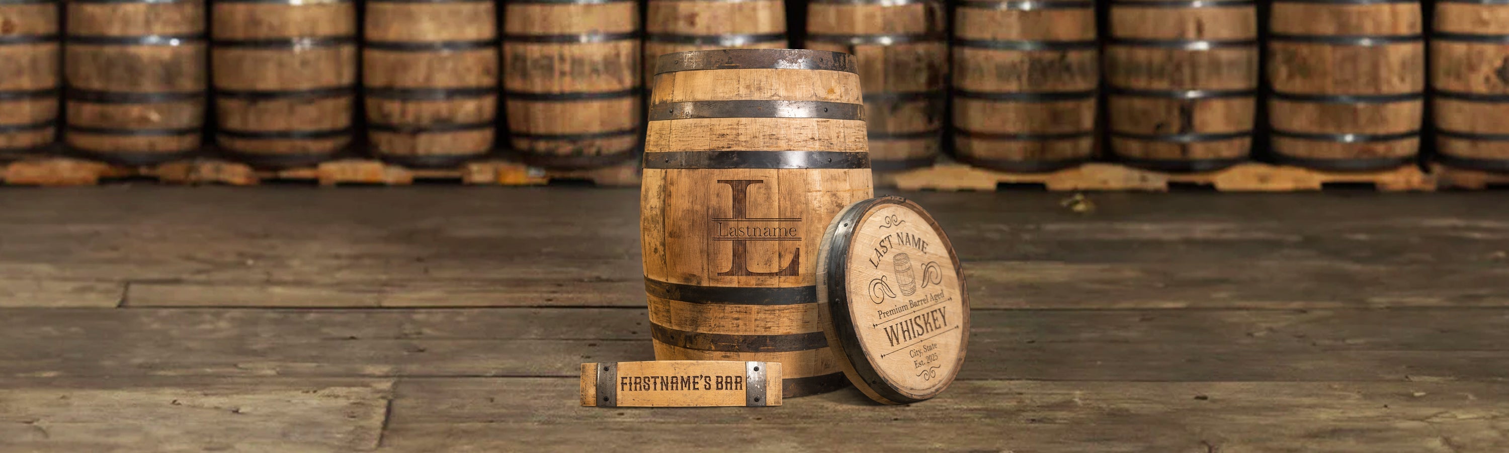 Laser engraved barrel goods consisting of a whiskey barrel, barrel head, and barrel stave