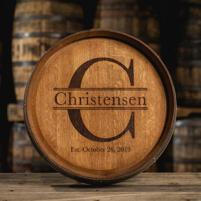 Laser engraved barrel head wedding guestbook with letter C and name Christensen and wedding date