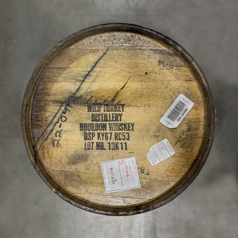Head of a Russell's Reserve Bourbon Single Barrel with distillery markings, information and a "Private Barrel Selection" sticker
