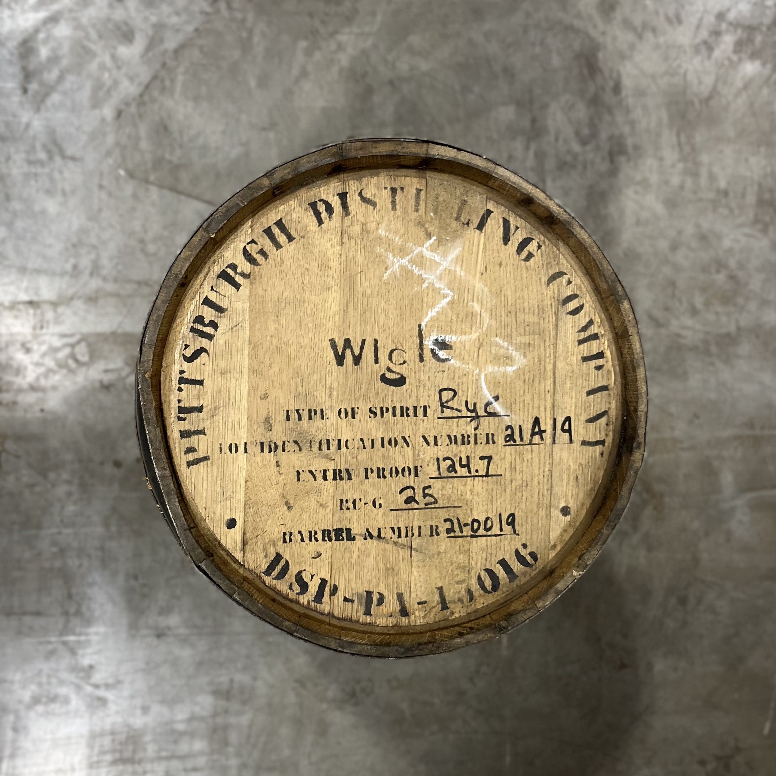 Head of a 25 Gallon Furniture Grade Whiskey Barrel with Wigle stamp