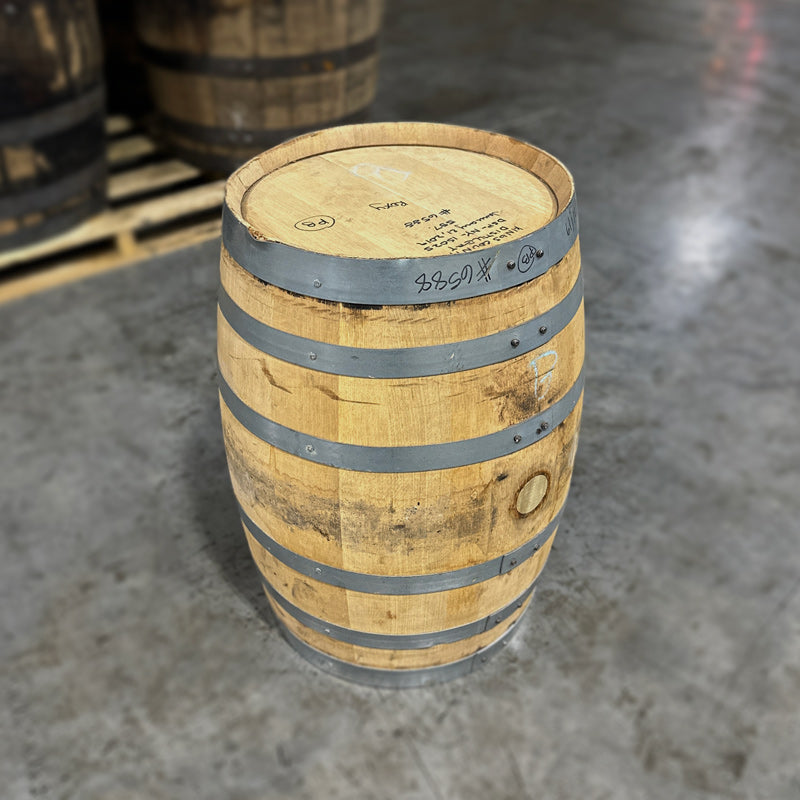 Head and side of a 15 Gallon Kings County Peated Bourbon Barrel