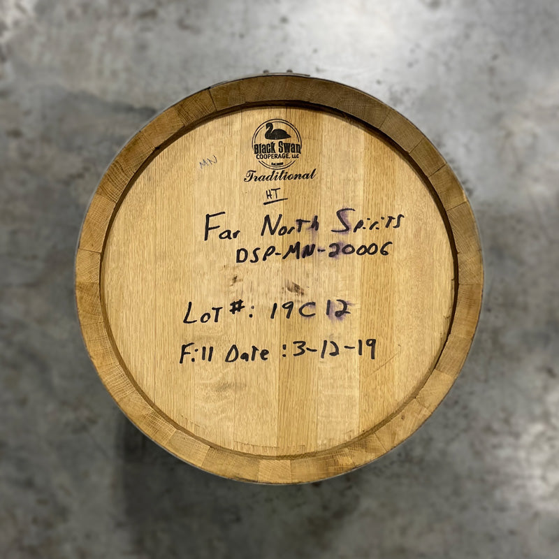 Head of a 23 Gallon Far North Bourbon Barrel with handwritten notes on the head