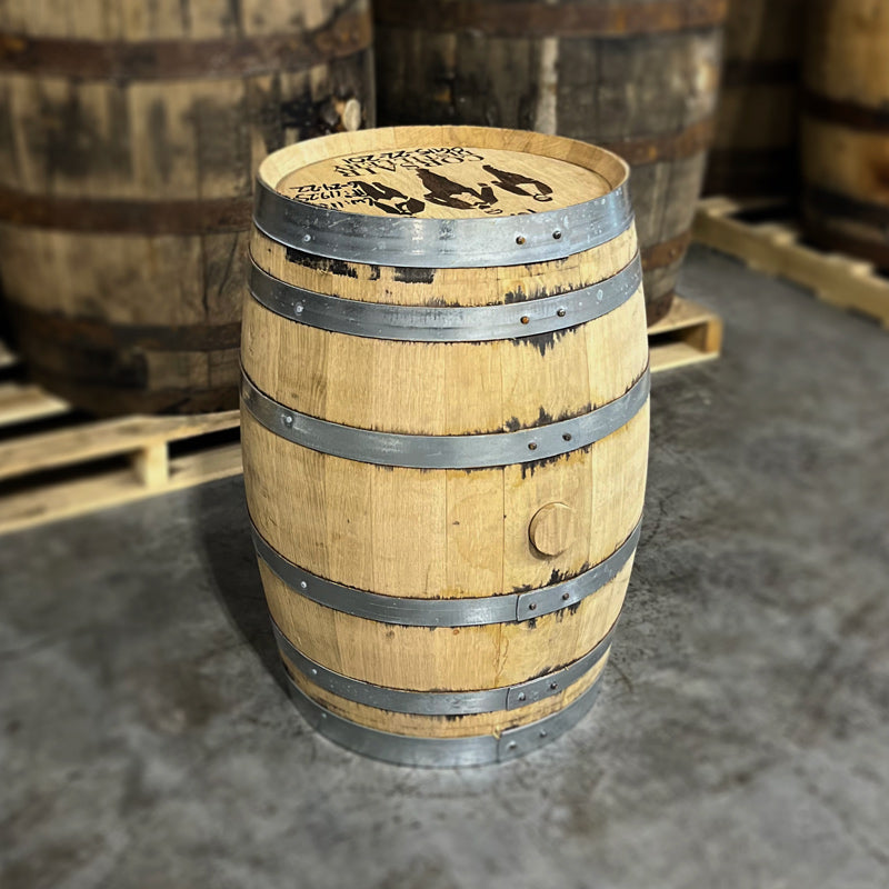 Head and side of a 15 Gallon Corsair Distillery Peated Whiskey Barrel