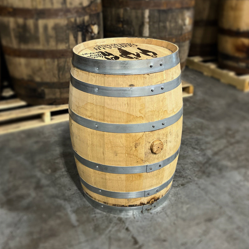 Head and side of a 15 Gallon Corsair Distillery Rum Barrel