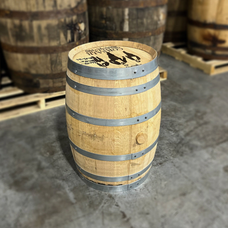 Head and side of a 15 Gallon Corsair Distillery Gin Barrel