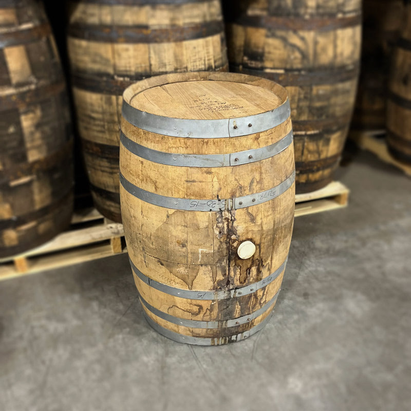 Head and side of a 30 Gallon Kings County Bourbon Barrel