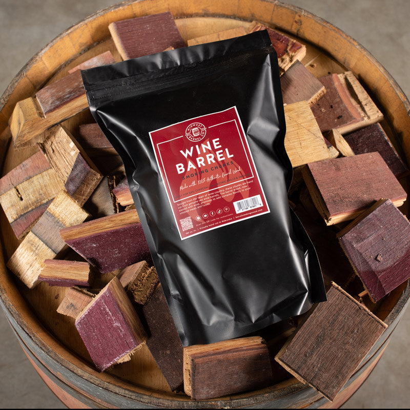 Genuine Red Wine Barrel Smoking Wood Chunks on top of a wine barrel