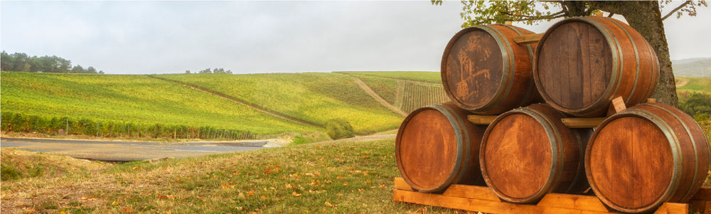 Five barrels on a rack in front of a field
