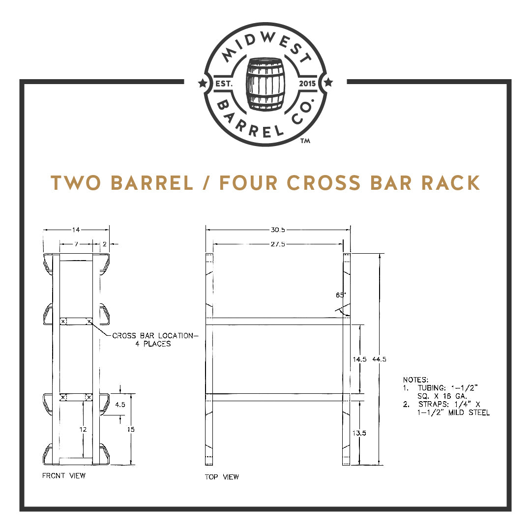 two-barrel, four-cross bar steel barrel rack diagram with dimensions