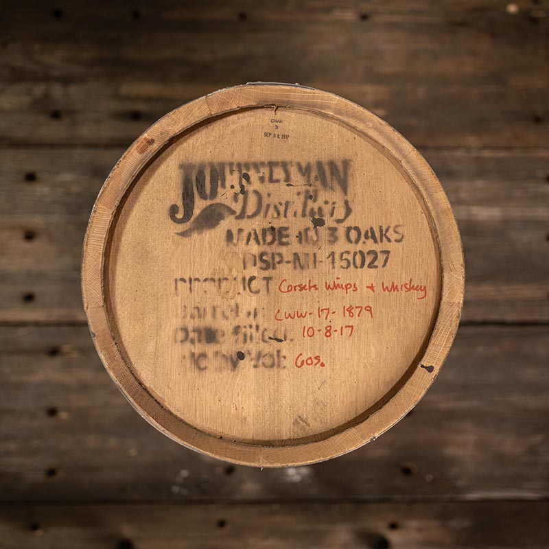 Head of a 15 Gallon Journeyman Whiskey barrel with distillery information, fill date and distillate info on the head