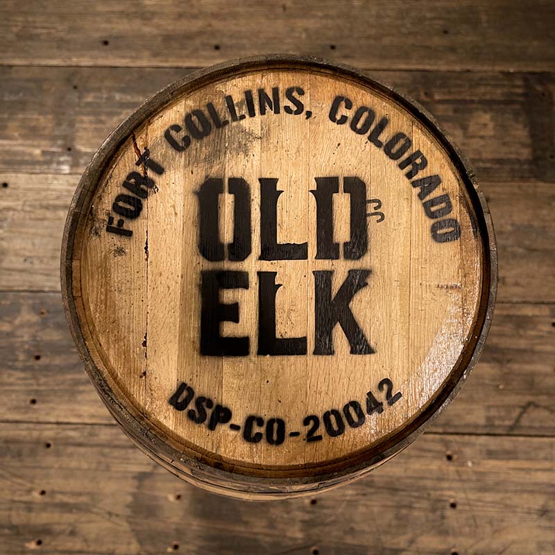 View from above of head of 5 year age statement Old Elk Bourbon barrel stamped with Fort Collins, Colorado Old Elk DSP-CO-20042