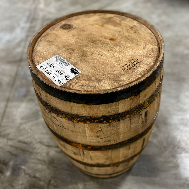 View of head and side of a toasted oak bourbon barrel from a Jim Beam brand