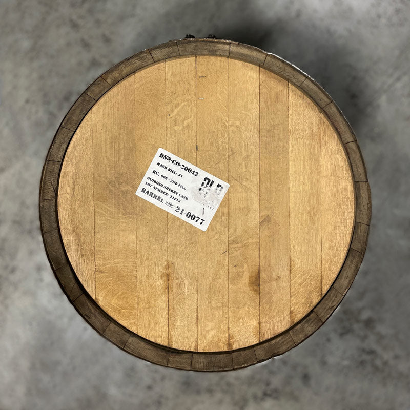Head of an Old Elk Oloroso Sherry Cask Finish Bourbon Barrel with an Old Elk Distillery sticker on the head with fill date and other info