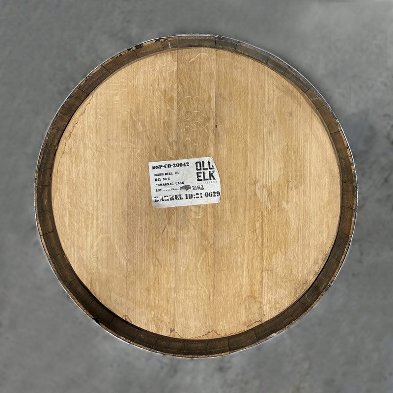 Head of an Old Elk Armagnac Cask Finished Bourbon Barrel with Old Elk Distillery sticker with fill date and other info on the head