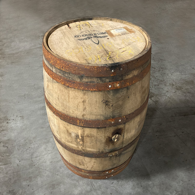 Head and side of a French Lick Char 2 Rye Whiskey Barrel