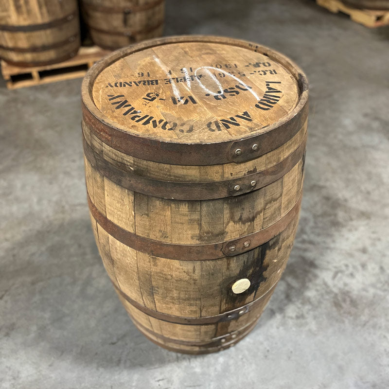 Head and side of Laird's Apple Brandy Barrel with distillery markings stamped on head