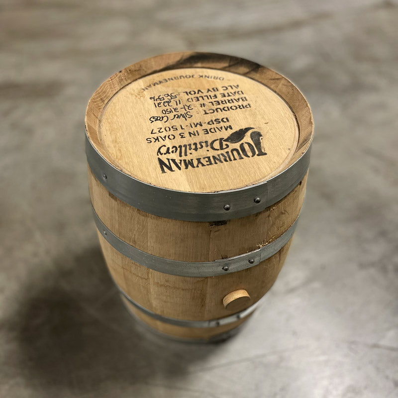 Head and side of a 5 Gallon Journeyman Distillery Silver Cross barrel