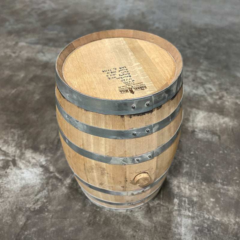 Head and side of a 15 Gallon Lonely Oak Bourbon Barrel