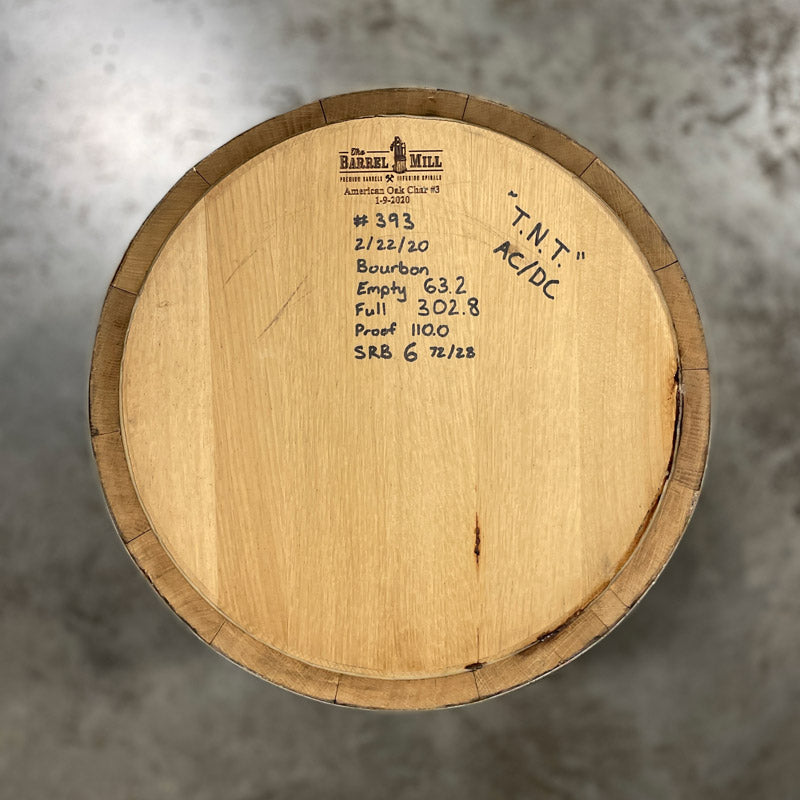 30 Gallon Lonely Oak Bourbon Barrel with handwritten notes, including fill date, proof and "T.N.T" AC/DC.