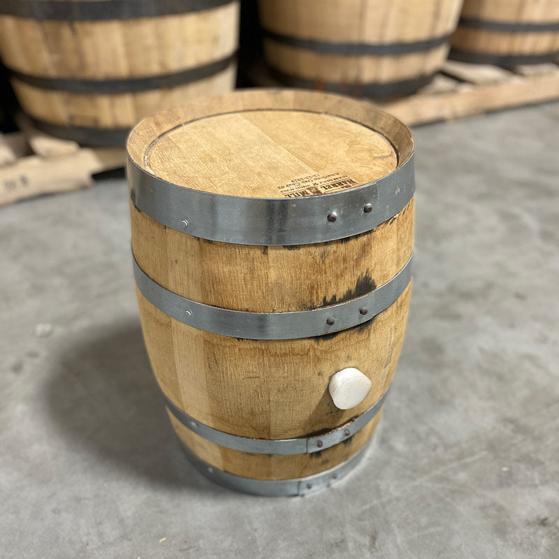 5 Gallon Nauti Spirits Wheat Whiskey Barrel (Ex-Bourbon) with steel bands, lightly colored staves and cooperage markings on head