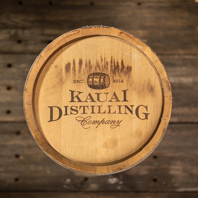 30 Gallon Kauai Distilling Company Bourbon Barrel with Kauai Distilling Company, a barrel image and est 2014 stamped on the head