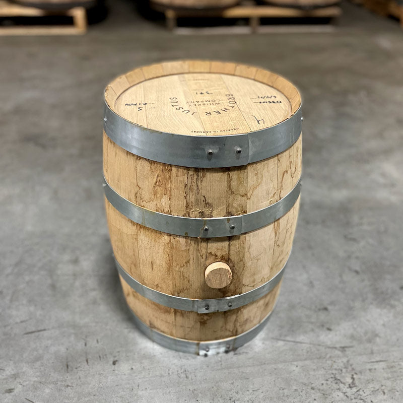 Head and side of a 5 Gallon Brother Justus Single Malt Whiskey Barrel