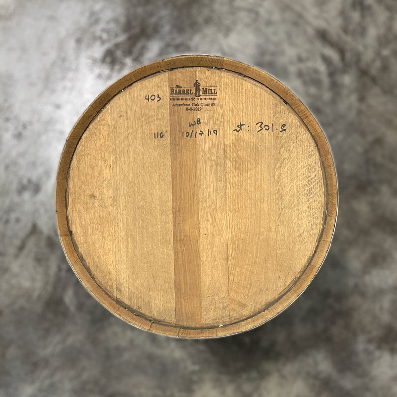 Head of a 30 Gallon West Fork Wheated Bourbon Barrel with handwritten notes on the head