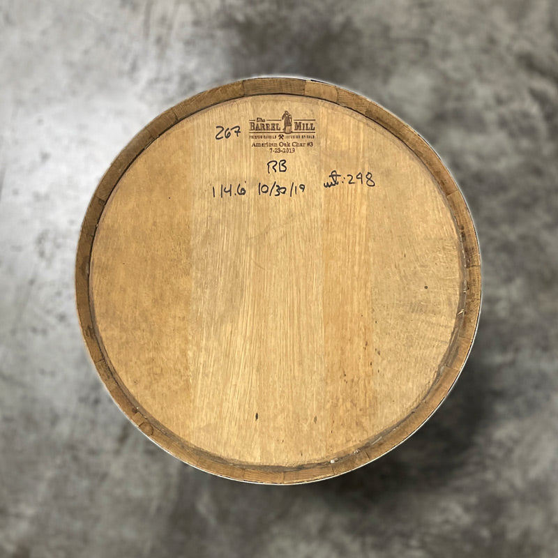 Head of a 30 Gallon West Fork Rye Bourbon Barrel with handwritten notes on the head