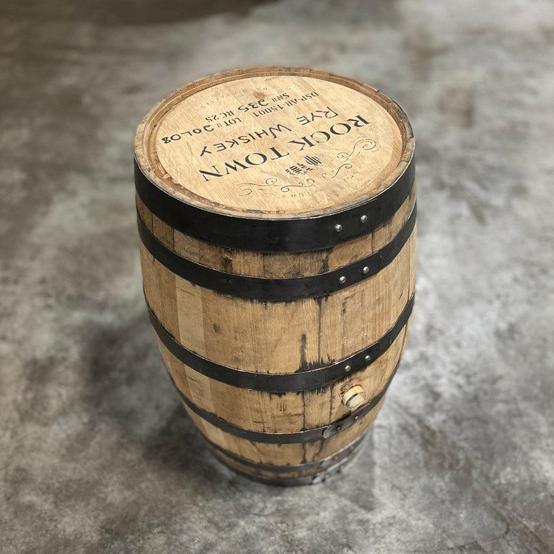 Head and side of a 25 Gallon Rock Town Rye Whiskey Barrel