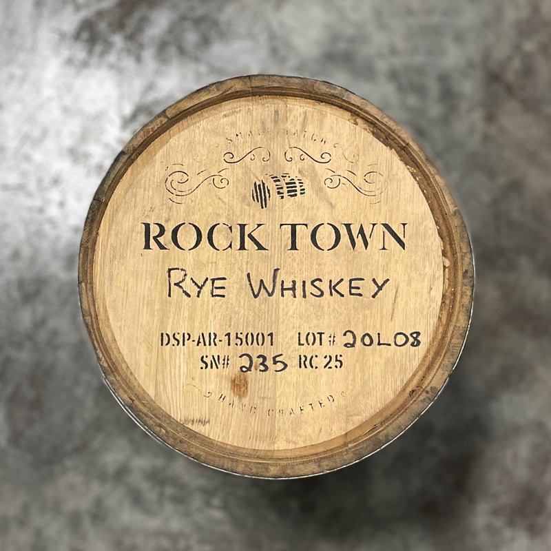 Head of a 25 Gallon Rock Town Rye Whiskey Barrel with Rock Town logo and rye whiskey written on the head