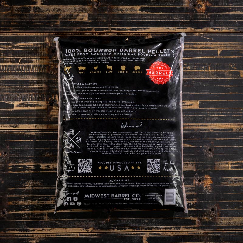 Back of the Midwest Barrel Co. Bourbon Barrel Smoking Wood Pellets