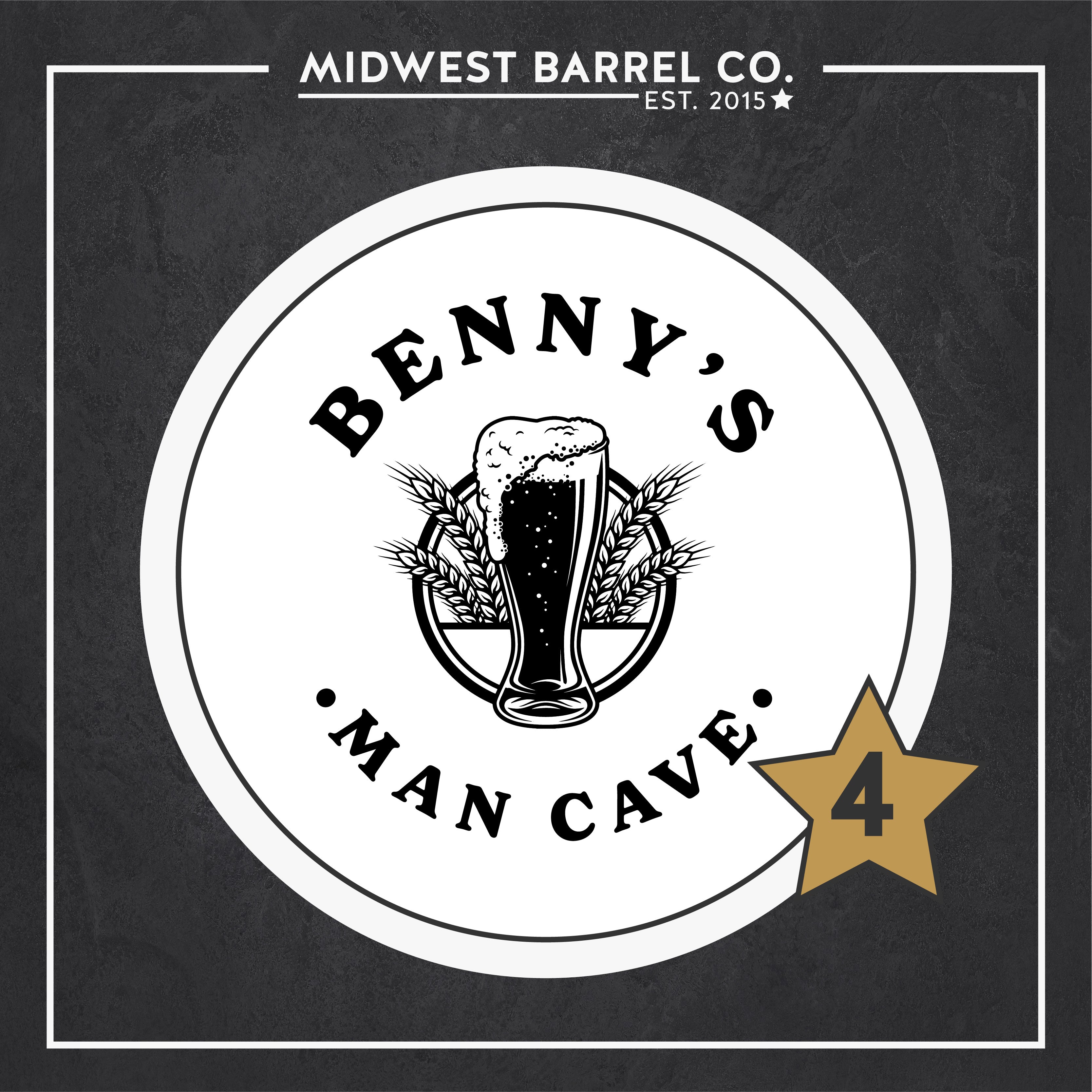 Option 4 design with tall beer glass overflowing with circle and barley behind it and text Benny's Man Cave around the image