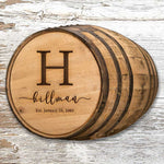 Engraved full size whiskey barrel with H initial, Hillman family name and Est. January 28, 2040