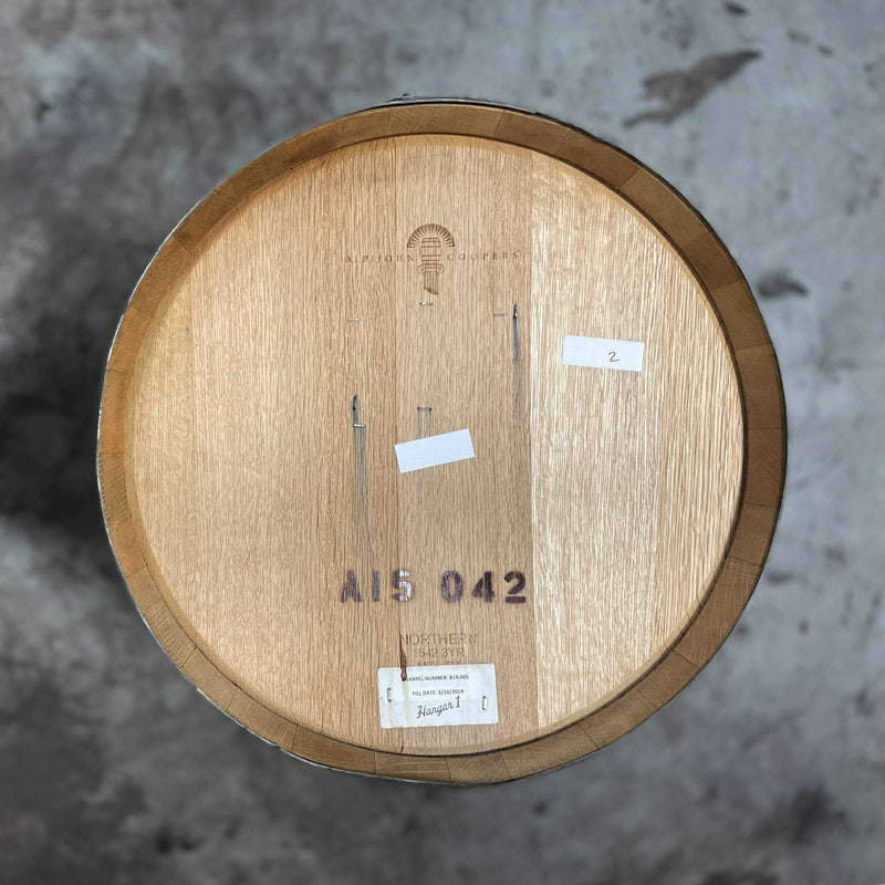 Head of a Hangar 1 Grape Brandy Barrel (Ex-Wine) with cooperage logo and a Hangar 1 distillery sticker
