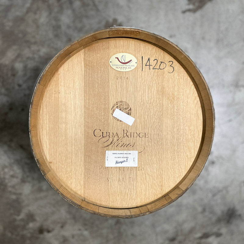 Head of a Hanger 1 Grape Vodka Barrel (Ex-Wine) with cooperage and winery markings on the head