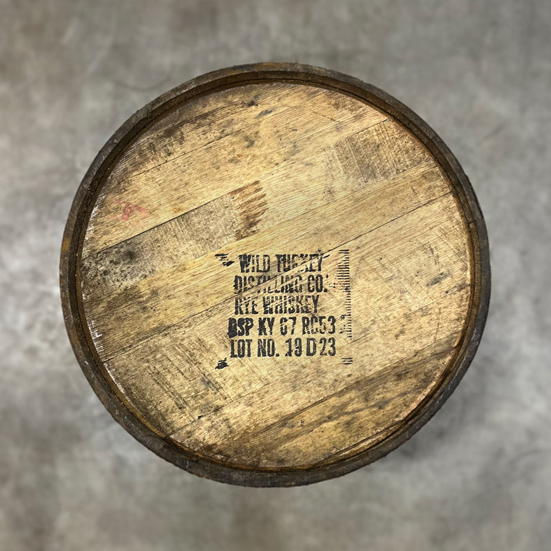 Head of a 4 Year Wild Turkey Rye Whiskey Barrel with distillery information and fill date stamped on head