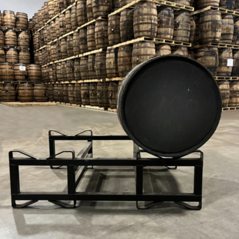 Templeton Corralejo Tequila Cask Finished Rye Whiskey Barrel on a steel barrel rack