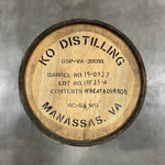 Head of a KO Distillery Wheated Bourbon Barrel with KO Distilling Manassas, VA and fill date info stamped on the head
