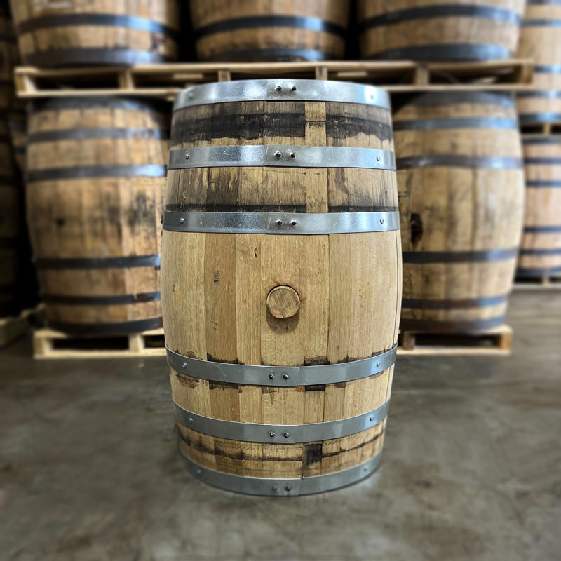 Side with bung of a 30 Gallon Caledonia Tom Cat Gin Barrel