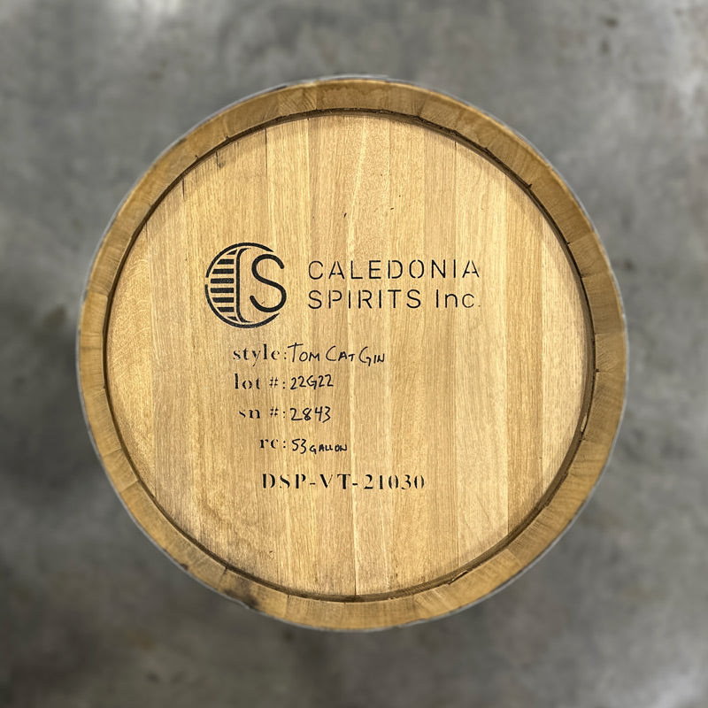 Head of a Caledonia Tom Cat Gin Barrel with distillery logo and fill date stamped on the head