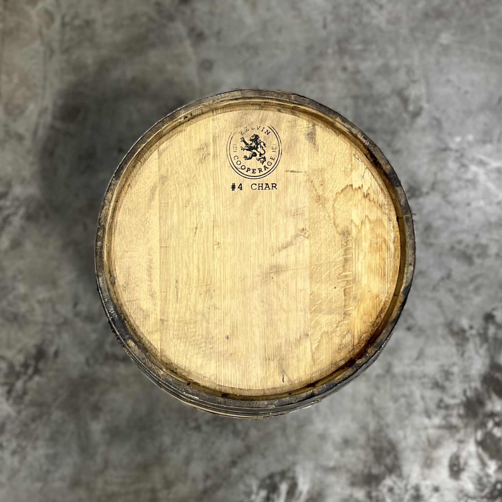 Head of a 25 Gallon Furniture Grade Whiskey Barrel with Cooperage stamp and char level