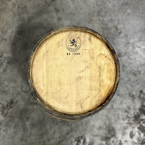 
                  
                    Head of a 25 Gallon Furniture Grade Whiskey Barrel with Cooperage stamp and char level
                  
                