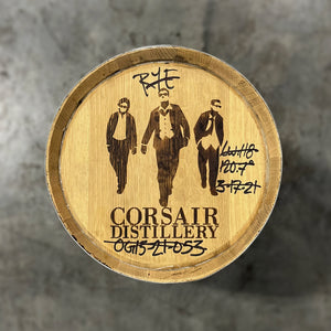 
                  
                    Head of a 15 Gallon Corsair Distillery Rum Barrel with handwritten notes about barrel contents around a stamped image of three men in sunglasses and suits and text Corsair Distillery 
                  
                