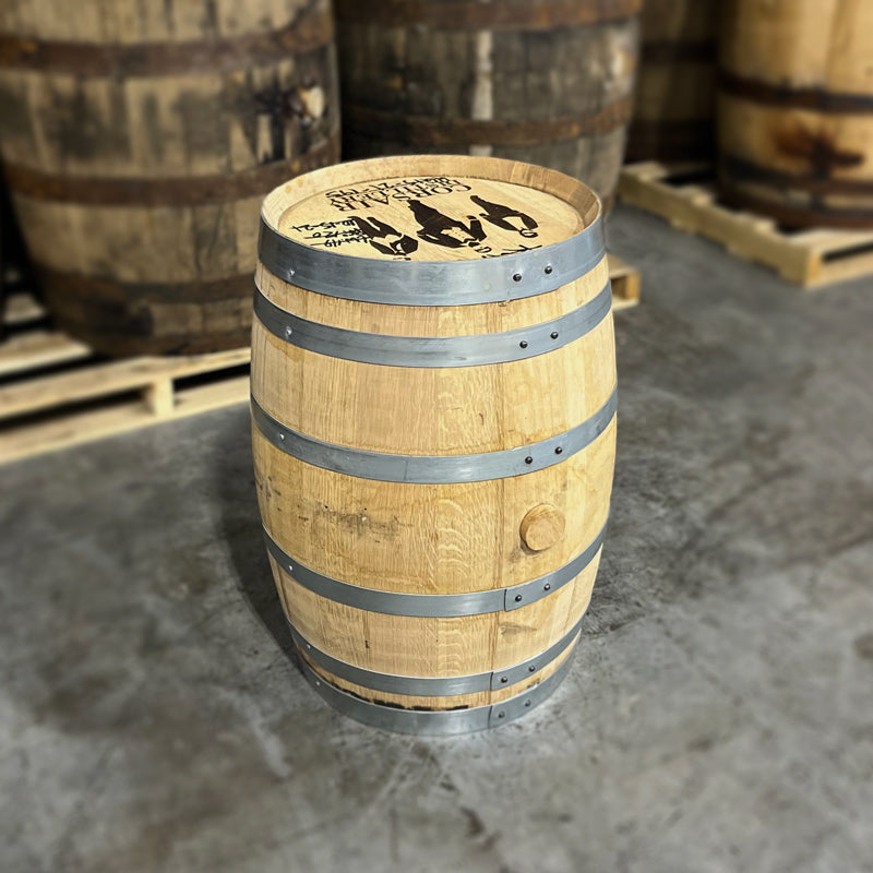 
                  
                    Head and side of a 15 Gallon Corsair Distillery Gin Barrel
                  
                
