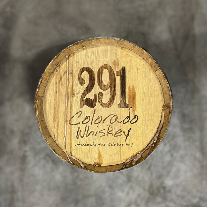 Head of a 10 Gallon Lincoln County Reserve Maple Syrup Ex-Distillery 291 Bourbon Barrel with 291 Colorado Whiskey Homemade the Colorado Way engraved on the head