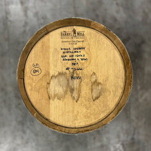 
                  
                    Head of a 10 Gallon Kings County Single Malt Whiskey Barrel with handwritten distillery and fill info on the head
                  
                