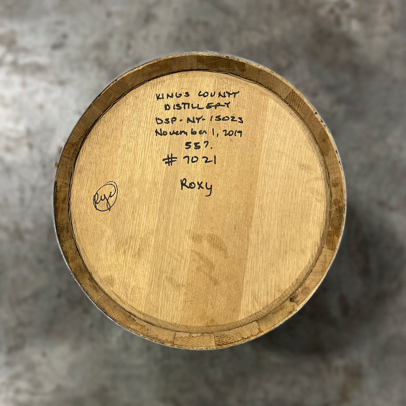 Head of a 10 Gallon Kings County Rye Whiskey Barrel with handwritten distillery notes on the head