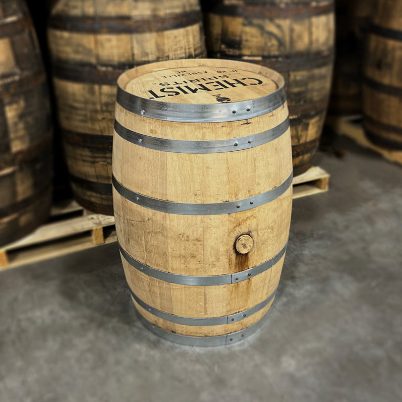 Head and side of a 30 Gallon American Single Malt Whiskey Barrel