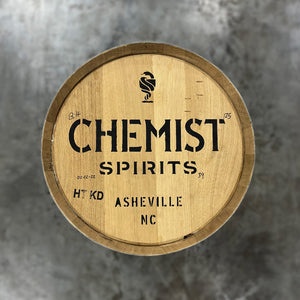 
                  
                    Head of a Chemist Spirits American Single Malt Whiskey Barrel with Chemist Spirits, Asheville NC and snake goblet logo on the head
                  
                